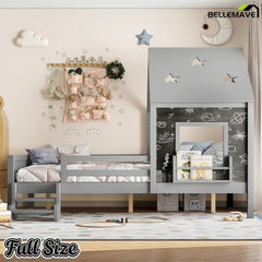 Bellemave® Full House Bed with Blackboard Window, Wood Kids Platform Bed Frame with Low - profile Stairs & Cute House Roof for Kids - Bellemave