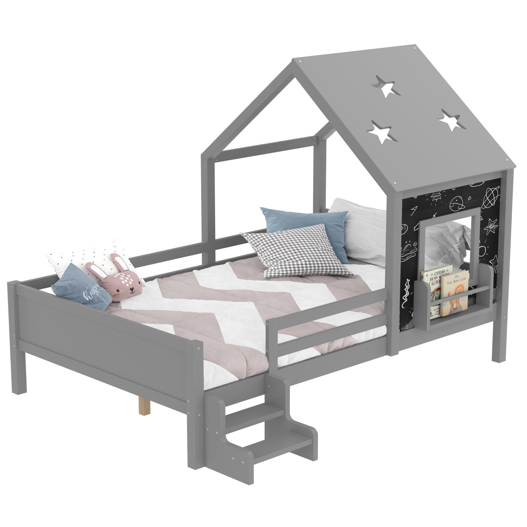 Bellemave® Full House Bed with Blackboard Window, Wood Kids Platform Bed Frame with Low - profile Stairs & Cute House Roof for Kids - Bellemave