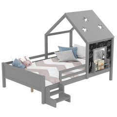 Bellemave® Full House Bed with Blackboard Window, Wood Kids Platform Bed Frame with Low - profile Stairs & Cute House Roof for Kids - Bellemave