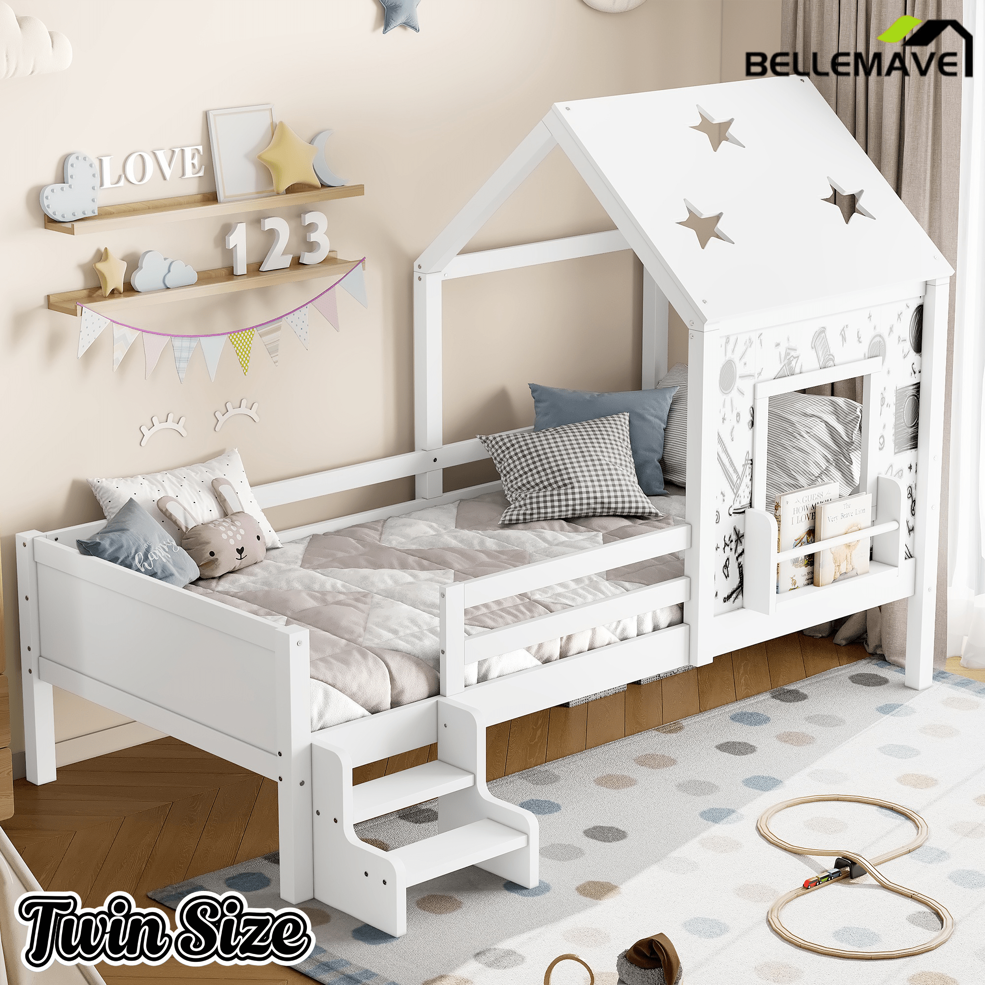 Bellemave® Full House Bed with Blackboard Window, Wood Kids Platform Bed Frame with Low - profile Stairs & Cute House Roof for Kids - Bellemave