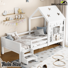 Bellemave® Full House Bed with Blackboard Window, Wood Kids Platform Bed Frame with Low - profile Stairs & Cute House Roof for Kids - Bellemave