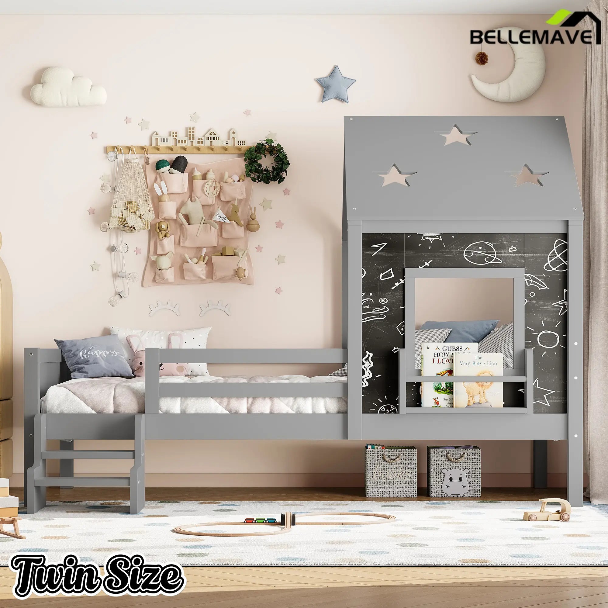 Bellemave® Full House Bed with Blackboard Window, Wood Kids Platform Bed Frame with Low - profile Stairs & Cute House Roof for Kids - Bellemave