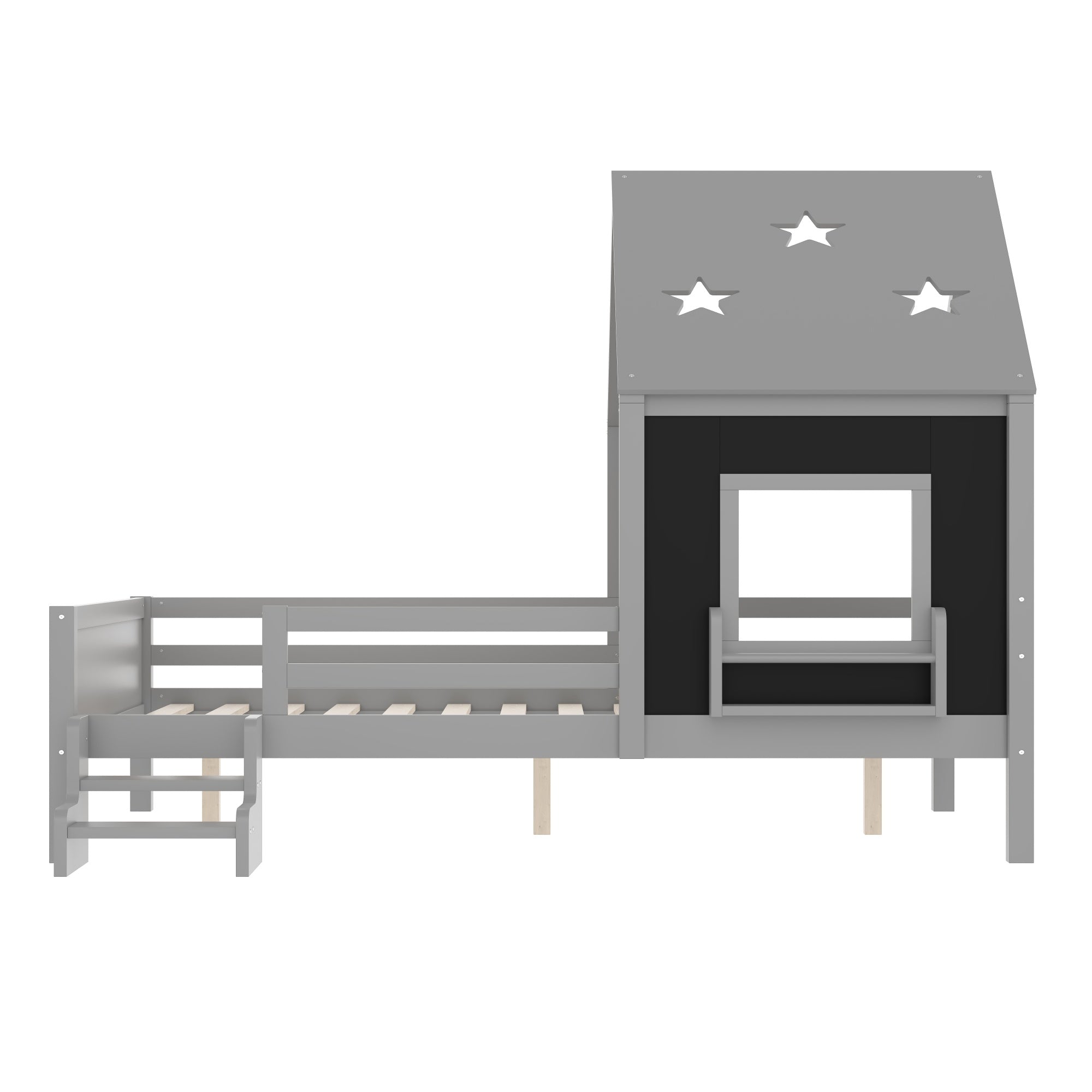 Bellemave® Full House Bed with Blackboard Window, Wood Kids Platform Bed Frame with Low - profile Stairs & Cute House Roof for Kids - Bellemave