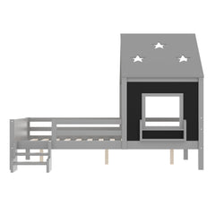 Bellemave® Full House Bed with Blackboard Window, Wood Kids Platform Bed Frame with Low - profile Stairs & Cute House Roof for Kids - Bellemave