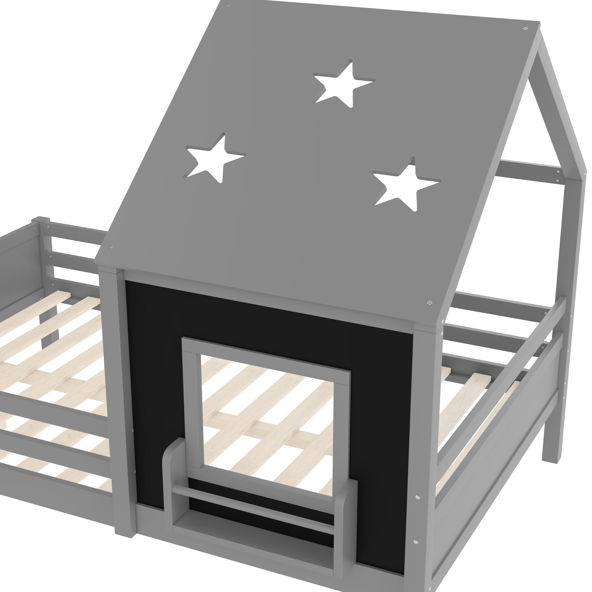 Bellemave® Full House Bed with Blackboard Window, Wood Kids Platform Bed Frame with Low - profile Stairs & Cute House Roof for Kids - Bellemave