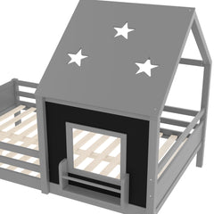 Bellemave® Full House Bed with Blackboard Window, Wood Kids Platform Bed Frame with Low - profile Stairs & Cute House Roof for Kids - Bellemave