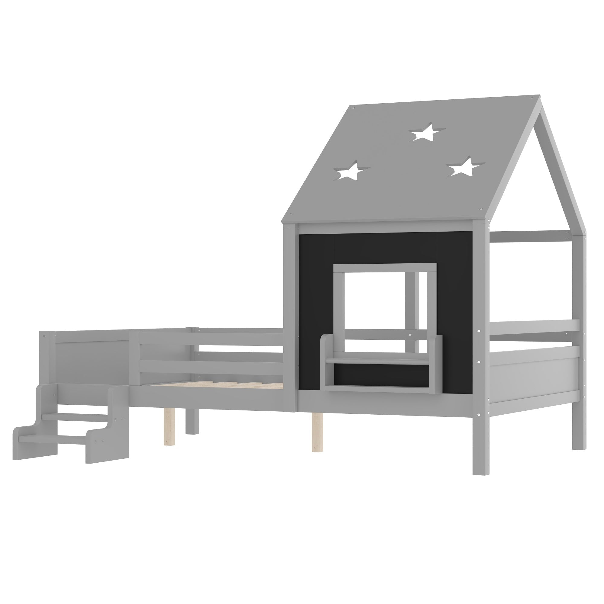 Bellemave® Full House Bed with Blackboard Window, Wood Kids Platform Bed Frame with Low - profile Stairs & Cute House Roof for Kids - Bellemave