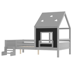Bellemave® Full House Bed with Blackboard Window, Wood Kids Platform Bed Frame with Low - profile Stairs & Cute House Roof for Kids - Bellemave