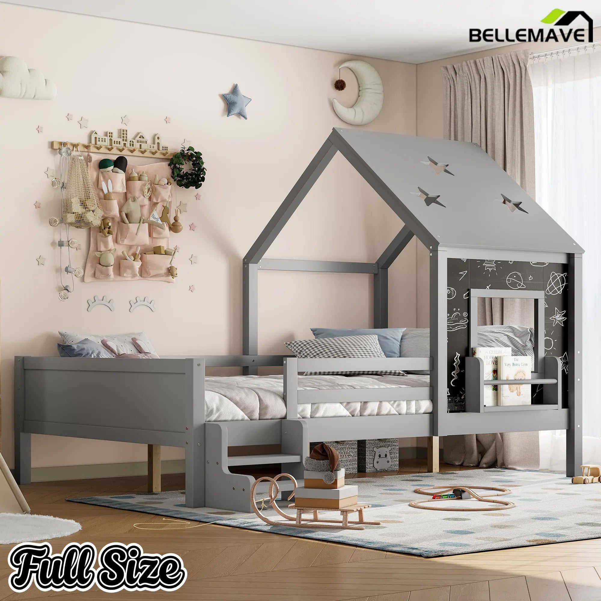 Bellemave® Full House Bed with Blackboard Window, Wood Kids Platform Bed Frame with Low - profile Stairs & Cute House Roof for Kids - Bellemave
