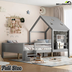 Bellemave® Full House Bed with Blackboard Window, Wood Kids Platform Bed Frame with Low - profile Stairs & Cute House Roof for Kids - Bellemave