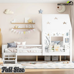 Bellemave® Full House Bed with Blackboard Window, Wood Kids Platform Bed Frame with Low - profile Stairs & Cute House Roof for Kids - Bellemave