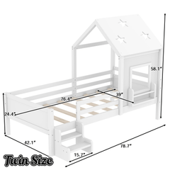 Bellemave® Full House Bed with Blackboard Window, Wood Kids Platform Bed Frame with Low - profile Stairs & Cute House Roof for Kids - Bellemave