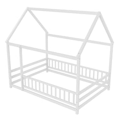 Bellemave® Full House Bed with Rails Bed for Kids, Montessori Floor beds with high guardrail Without slats, White - Bellemave