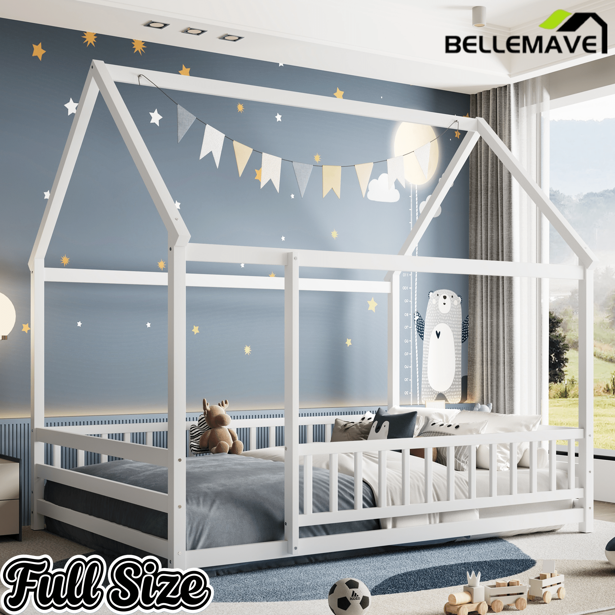Bellemave® Full House Bed with Rails Bed for Kids, Montessori Floor beds with high guardrail Without slats, White - Bellemave