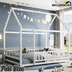 Bellemave® Full House Bed with Rails Bed for Kids, Montessori Floor beds with high guardrail Without slats, White - Bellemave