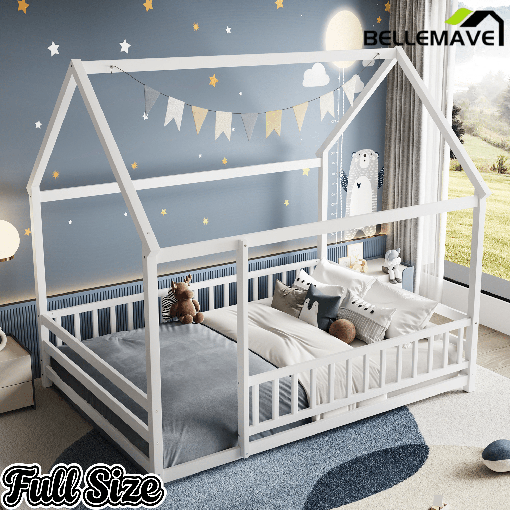 Bellemave® Full House Bed with Rails Bed for Kids, Montessori Floor beds with high guardrail Without slats, White - Bellemave