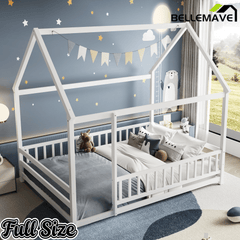 Bellemave® Full House Bed with Rails Bed for Kids, Montessori Floor beds with high guardrail Without slats, White - Bellemave