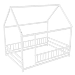 Bellemave® Full House Bed with Rails Bed for Kids, Montessori Floor beds with high guardrail Without slats, White - Bellemave