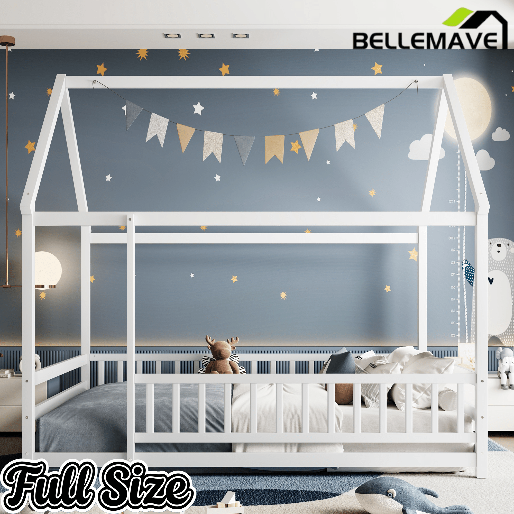Bellemave® Full House Bed with Rails Bed for Kids, Montessori Floor beds with high guardrail Without slats, White - Bellemave