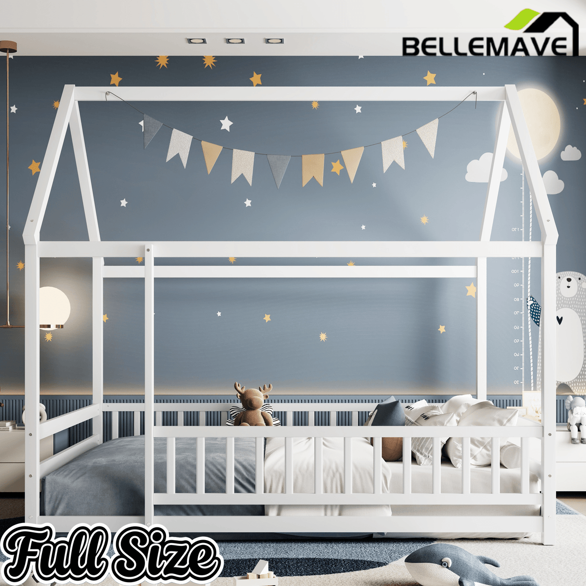 Bellemave® Full House Bed with Rails Bed for Kids, Montessori Floor beds with high guardrail Without slats, White - Bellemave