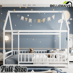Bellemave® Full House Bed with Rails Bed for Kids, Montessori Floor beds with high guardrail Without slats, White - Bellemave