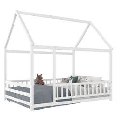 Bellemave® Full House Bed with Rails Bed for Kids, Montessori Floor beds with high guardrail Without slats, White - Bellemave
