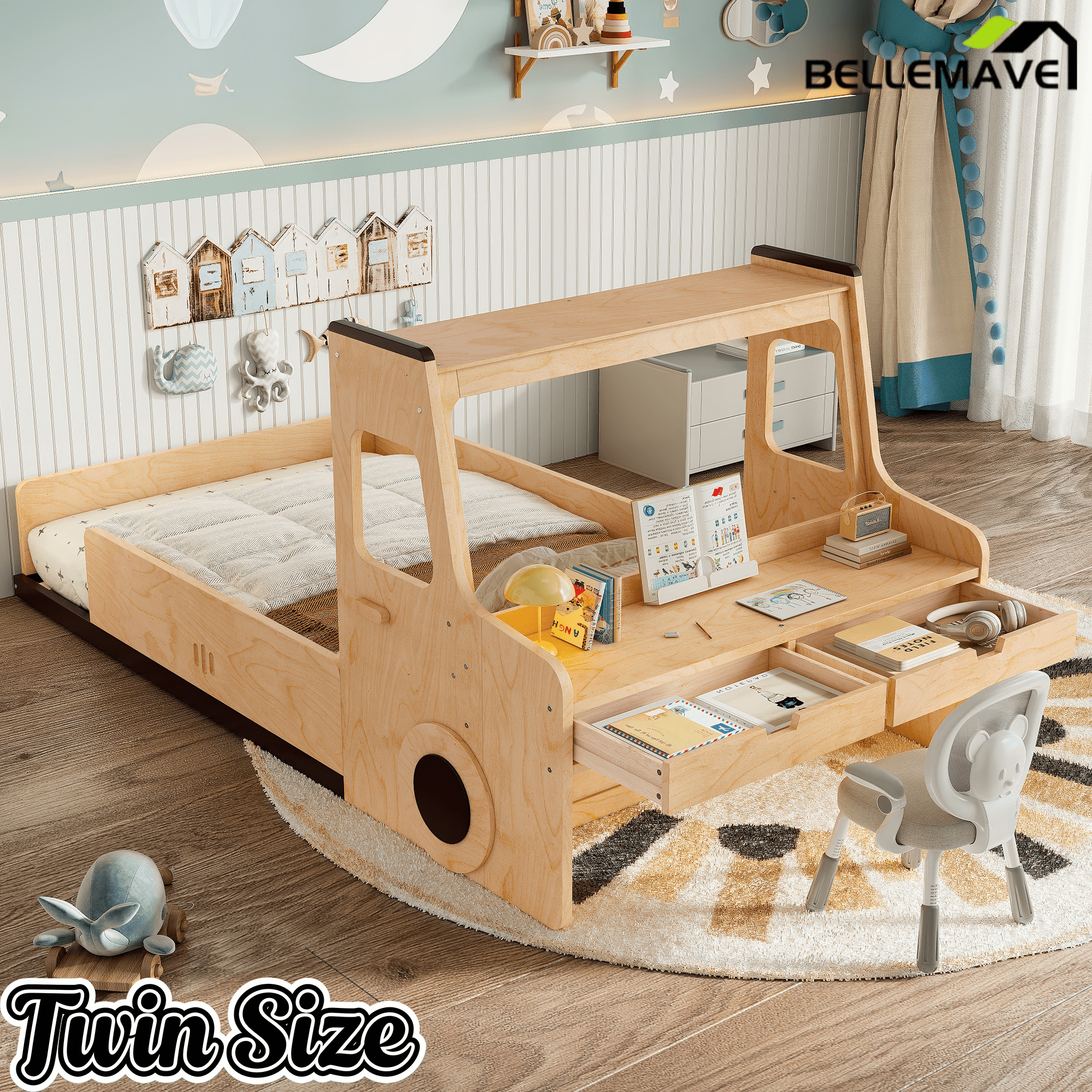 Bellemave® Full Kids Floor Bed with Desk, Storage Drawers and Windows, Full Size Platform Bed in Car - Shaped for Kids Boys Girls, White - Bellemave