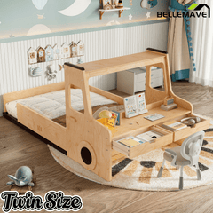 Bellemave® Full Kids Floor Bed with Desk, Storage Drawers and Windows, Full Size Platform Bed in Car - Shaped for Kids Boys Girls, White - Bellemave