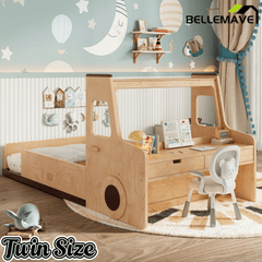 Bellemave® Full Kids Floor Bed with Desk, Storage Drawers and Windows, Full Size Platform Bed in Car - Shaped for Kids Boys Girls, White - Bellemave