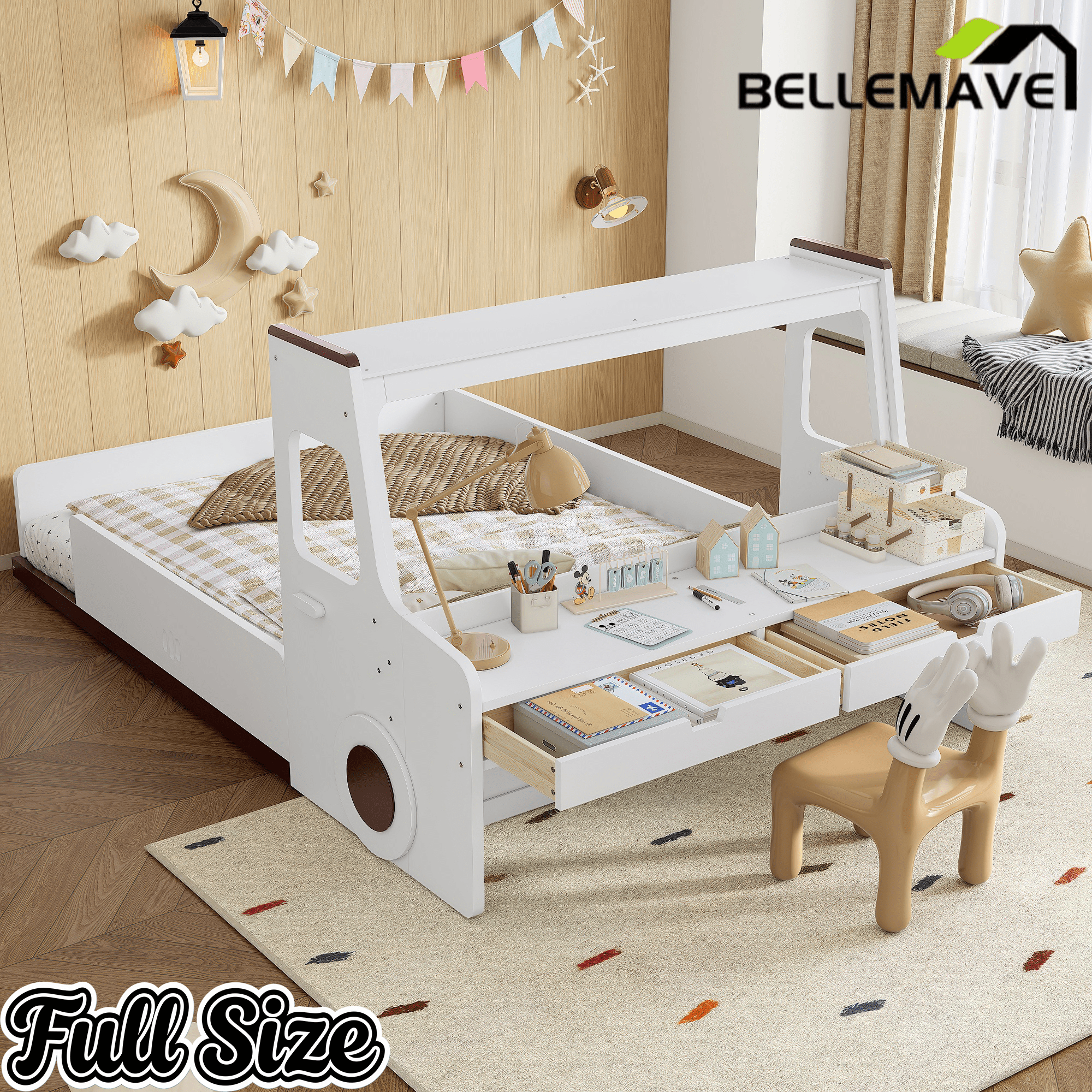 Bellemave® Full Kids Floor Bed with Desk, Storage Drawers and Windows, Full Size Platform Bed in Car - Shaped for Kids Boys Girls, White - Bellemave