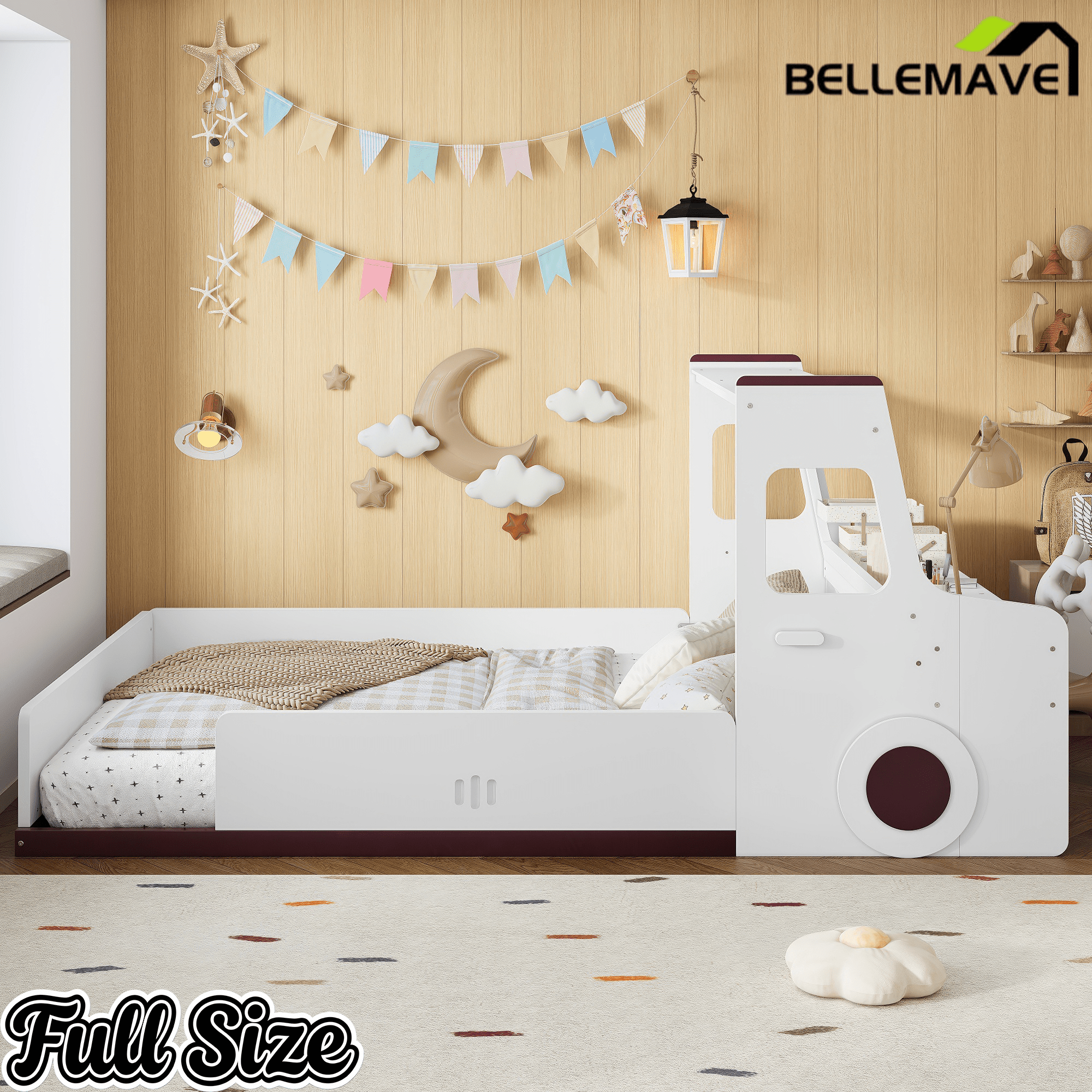 Bellemave® Full Kids Floor Bed with Desk, Storage Drawers and Windows, Full Size Platform Bed in Car - Shaped for Kids Boys Girls, White - Bellemave