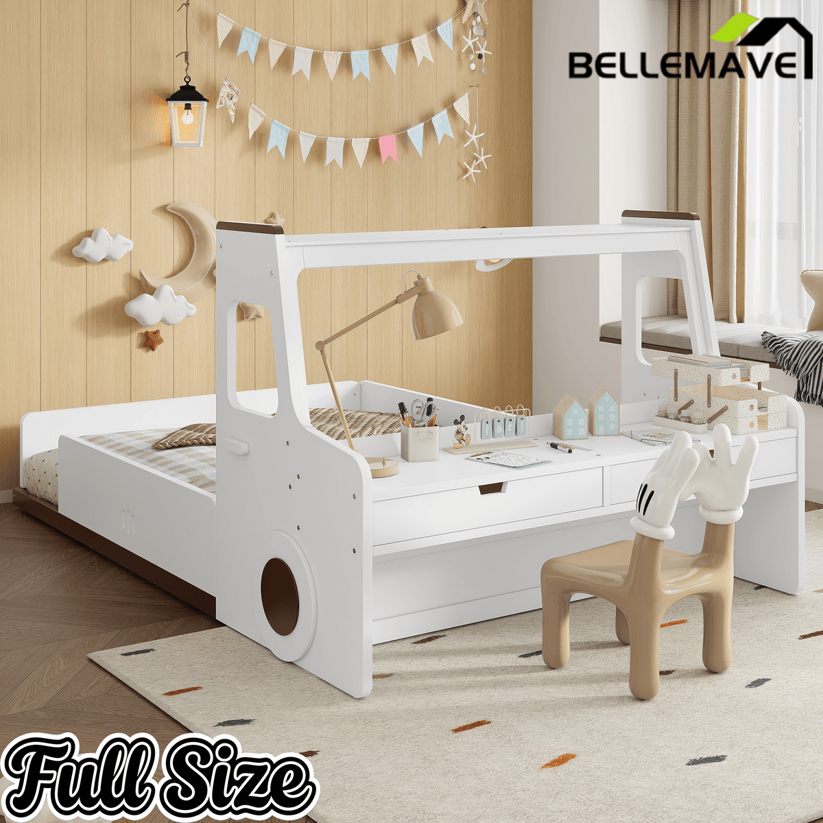 Bellemave® Full Kids Floor Bed with Desk, Storage Drawers and Windows, Full Size Platform Bed in Car - Shaped for Kids Boys Girls, White - Bellemave