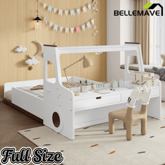 Bellemave® Full Kids Floor Bed with Desk, Storage Drawers and Windows, Full Size Platform Bed in Car - Shaped for Kids Boys Girls, White - Bellemave