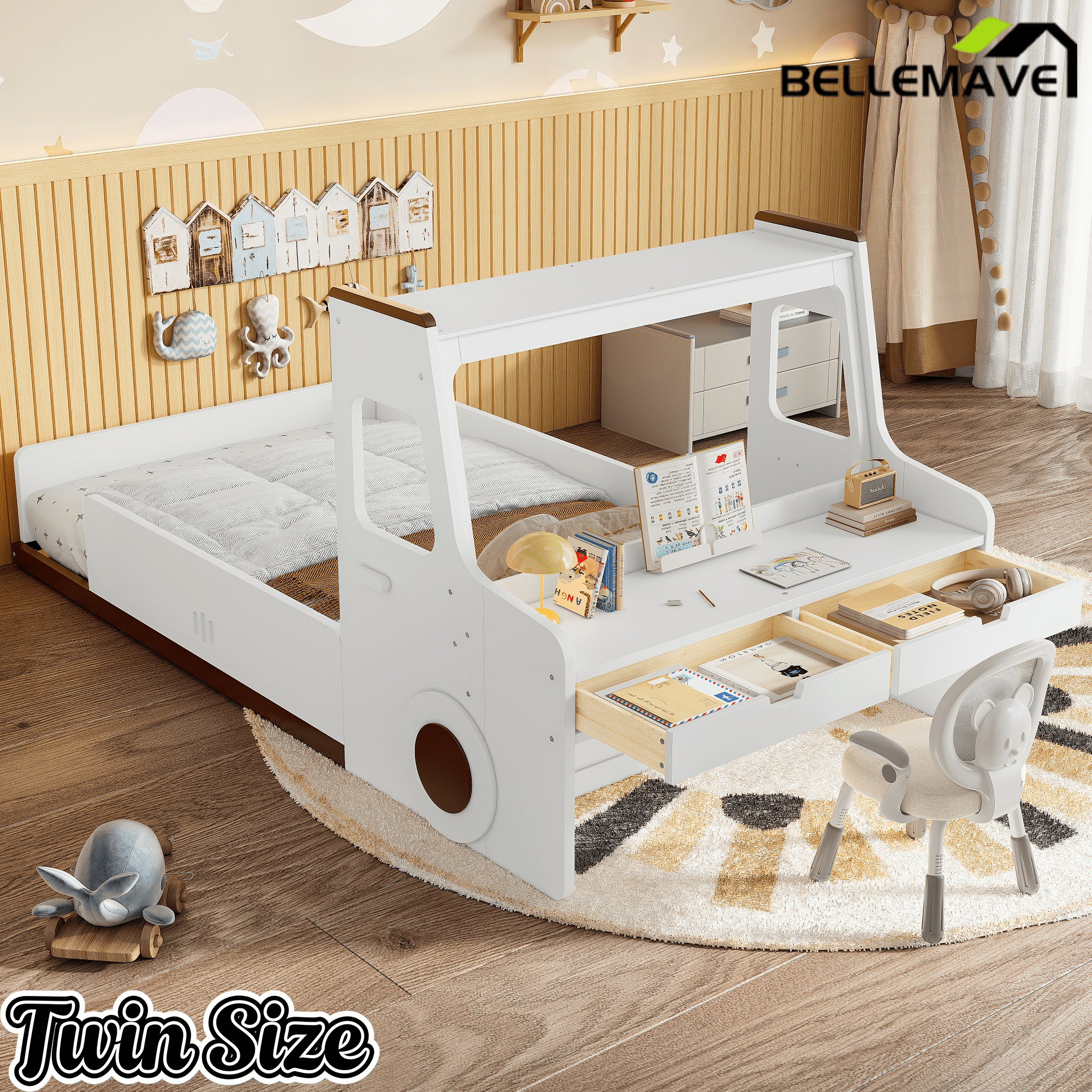 Bellemave® Full Kids Floor Bed with Desk, Storage Drawers and Windows, Full Size Platform Bed in Car - Shaped for Kids Boys Girls, White - Bellemave