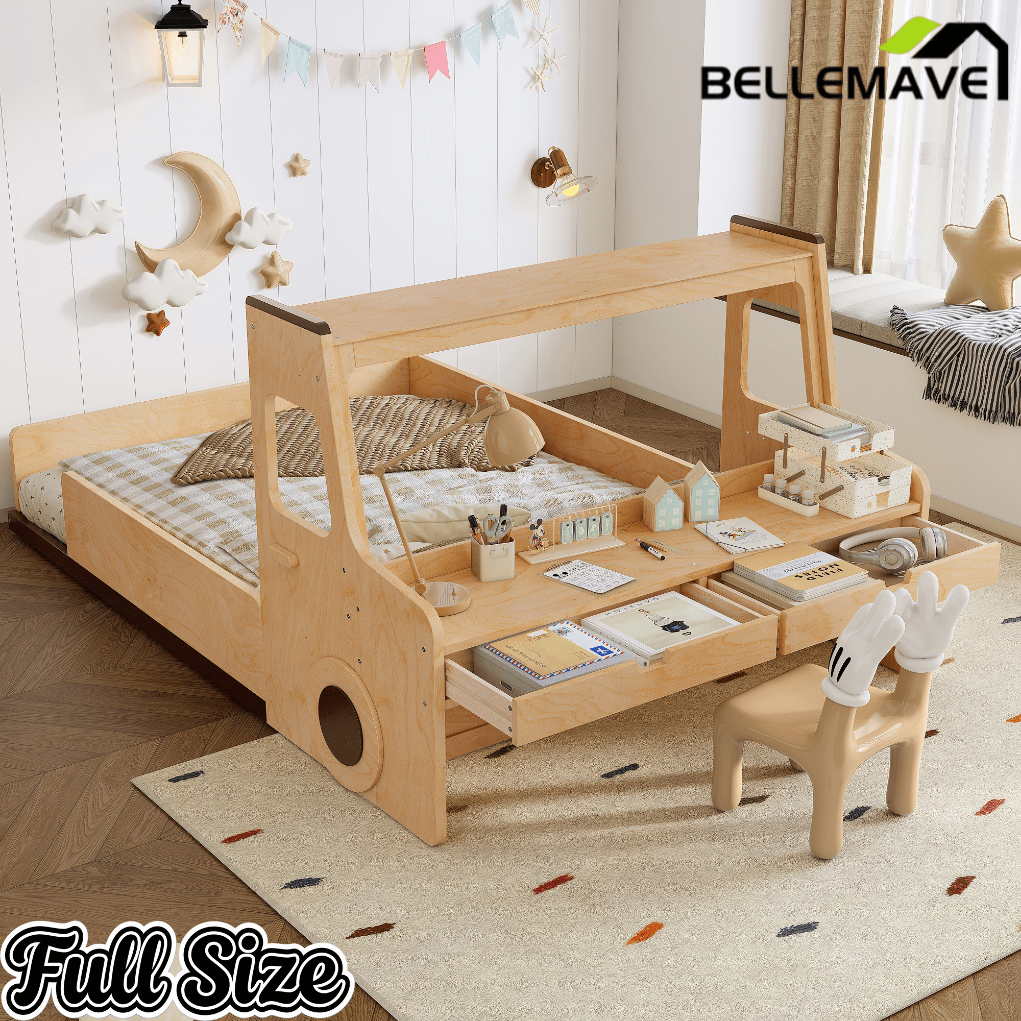 Bellemave® Full Kids Floor Bed with Desk, Storage Drawers and Windows, Full Size Platform Bed in Car - Shaped for Kids Boys Girls, White - Bellemave