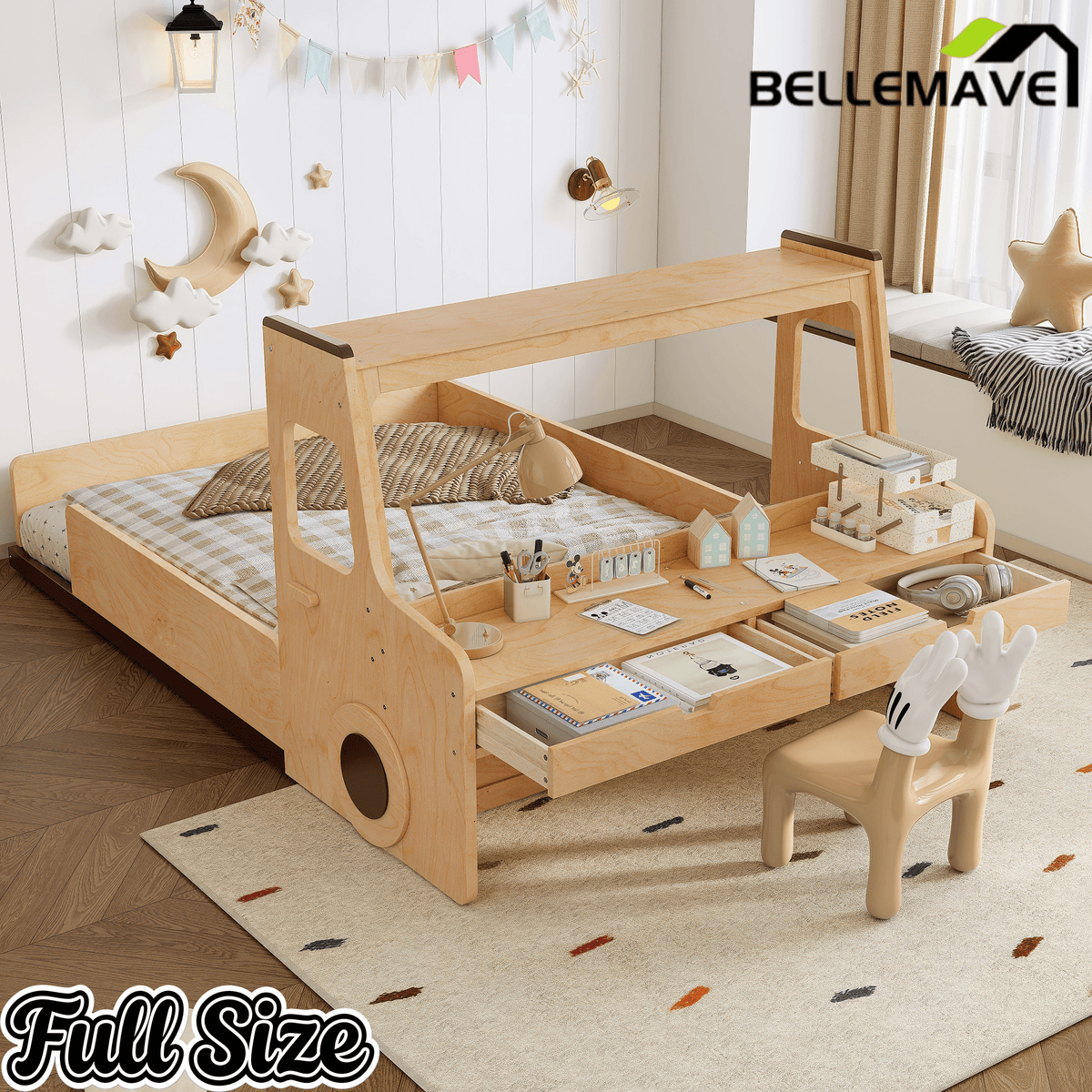 Bellemave® Full Kids Floor Bed with Desk, Storage Drawers and Windows, Full Size Platform Bed in Car - Shaped for Kids Boys Girls, White - Bellemave