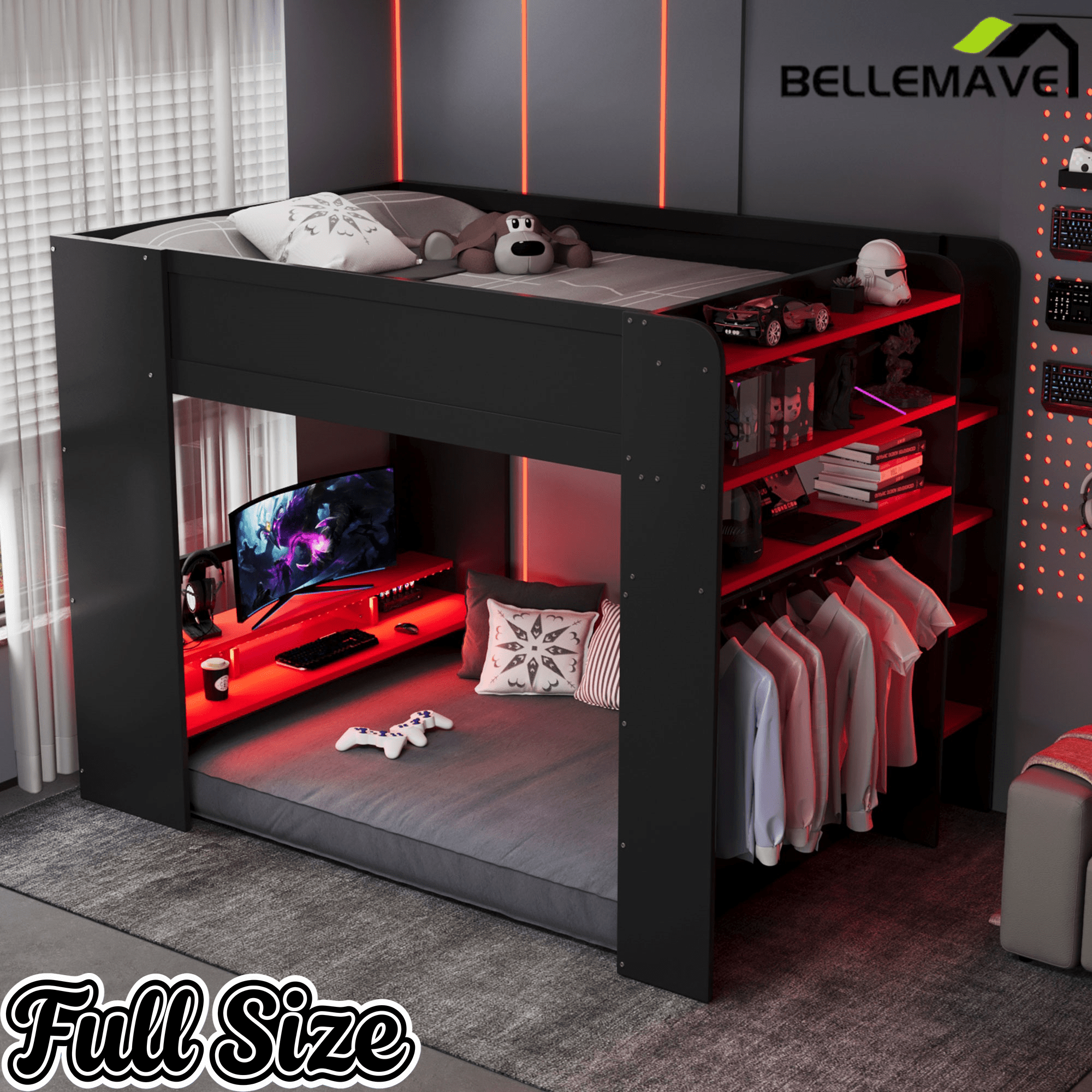 Bellemave® Full Loft Bed with Height - Adjustable Desk,Wardrobe,Ample Storage Space & RGB Light, Gaming loft Bed with Desk - Bellemave