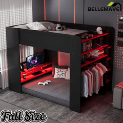 Bellemave® Full Loft Bed with Height - Adjustable Desk,Wardrobe,Ample Storage Space & RGB Light, Gaming loft Bed with Desk - Bellemave