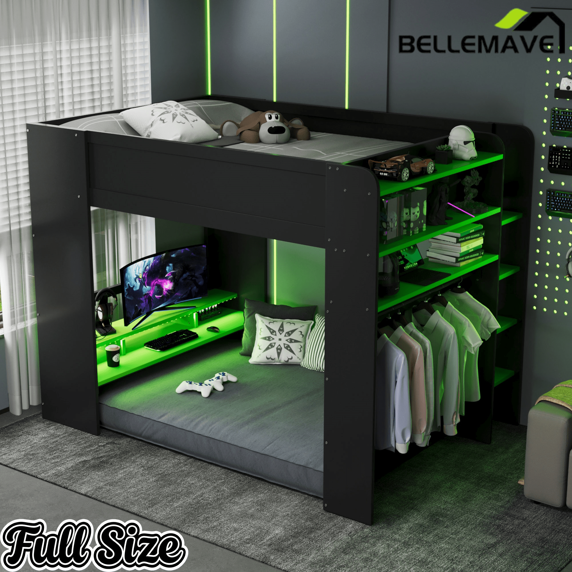 Bellemave® Full Loft Bed with Height - Adjustable Desk,Wardrobe,Ample Storage Space & RGB Light, Gaming loft Bed with Desk - Bellemave