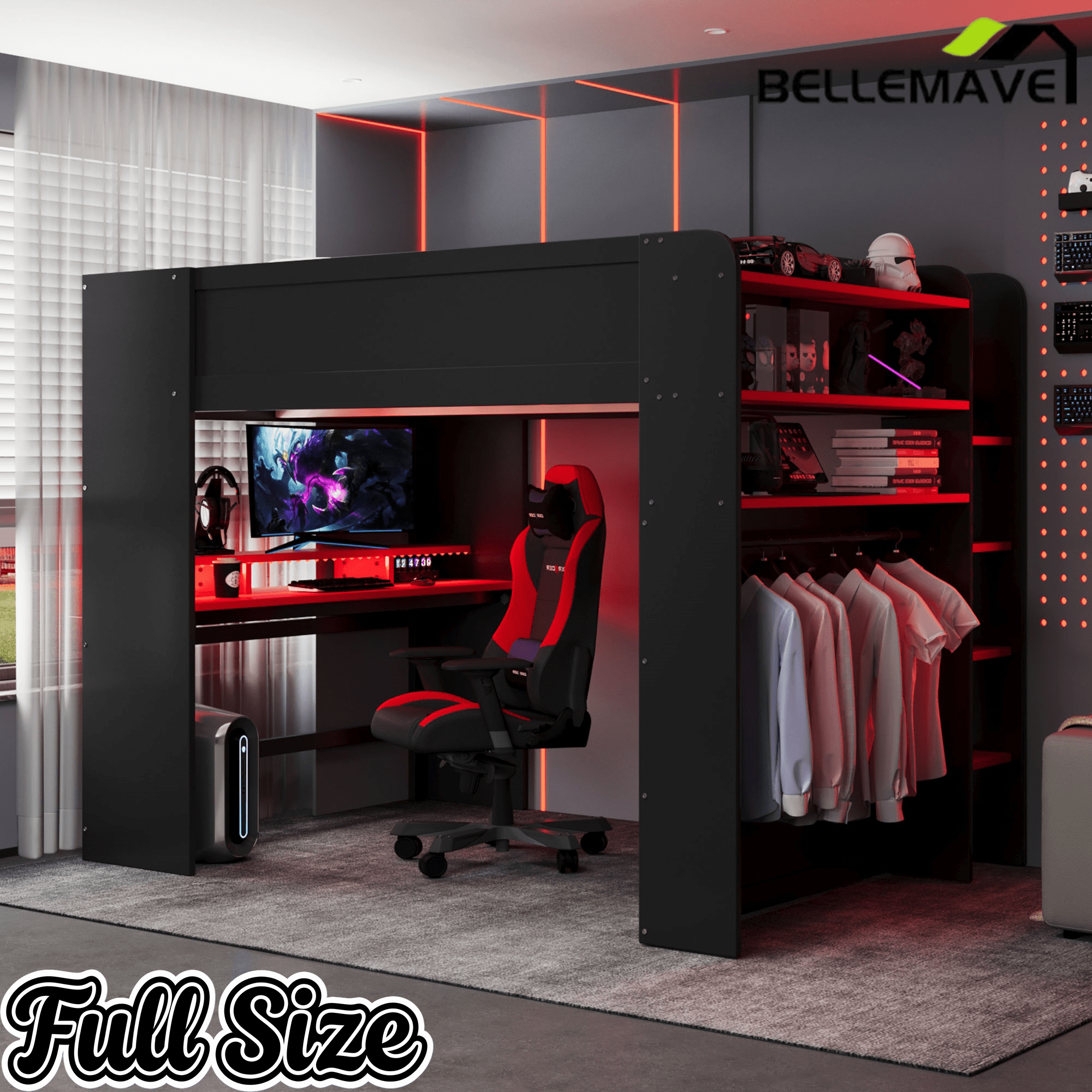 Bellemave® Full Loft Bed with Height - Adjustable Desk,Wardrobe,Ample Storage Space & RGB Light, Gaming loft Bed with Desk - Bellemave
