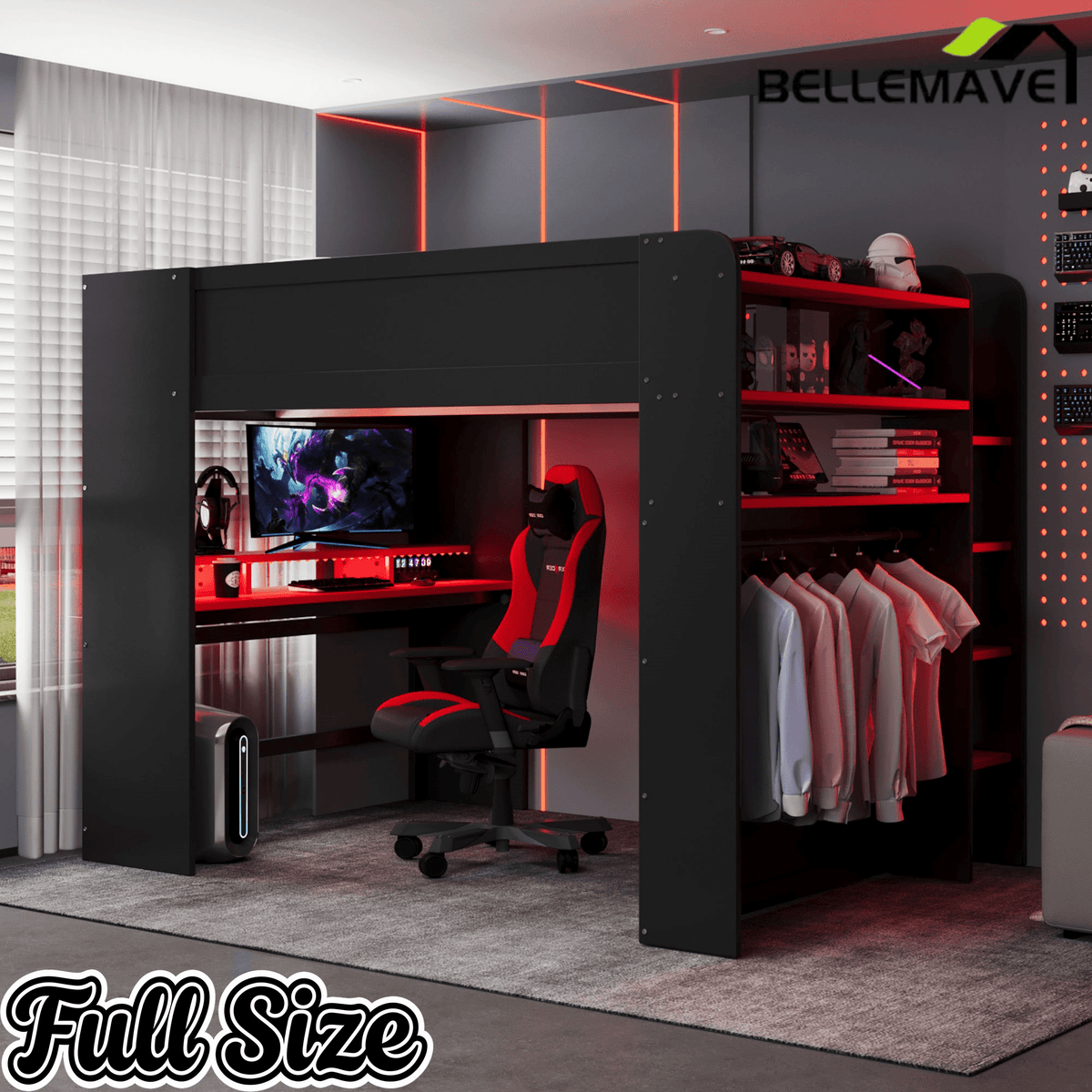 Bellemave® Full Loft Bed with Height - Adjustable Desk,Wardrobe,Ample Storage Space & RGB Light, Gaming loft Bed with Desk - Bellemave