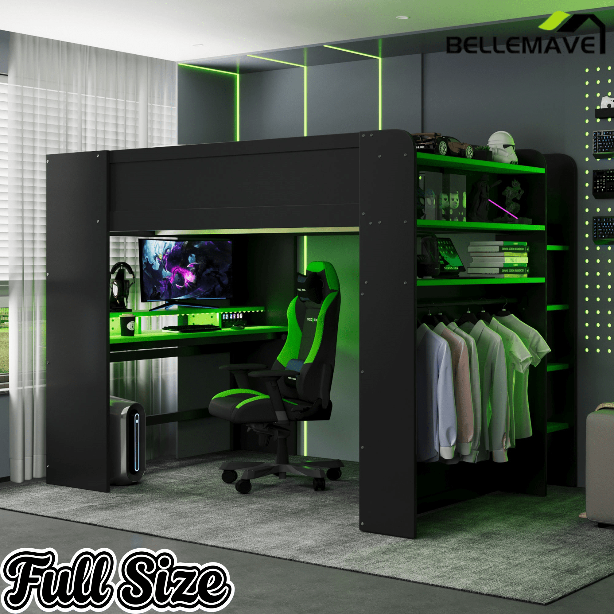 Bellemave® Full Loft Bed with Height - Adjustable Desk,Wardrobe,Ample Storage Space & RGB Light, Gaming loft Bed with Desk - Bellemave