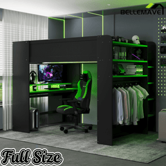 Bellemave® Full Loft Bed with Height - Adjustable Desk,Wardrobe,Ample Storage Space & RGB Light, Gaming loft Bed with Desk - Bellemave