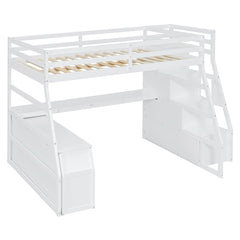 Bellemave® Full Loft Bed with Stairs and Desk, Solid Wood Loft Bed Frame with Storage 7 Drawers 2 Shelves - Bellemave