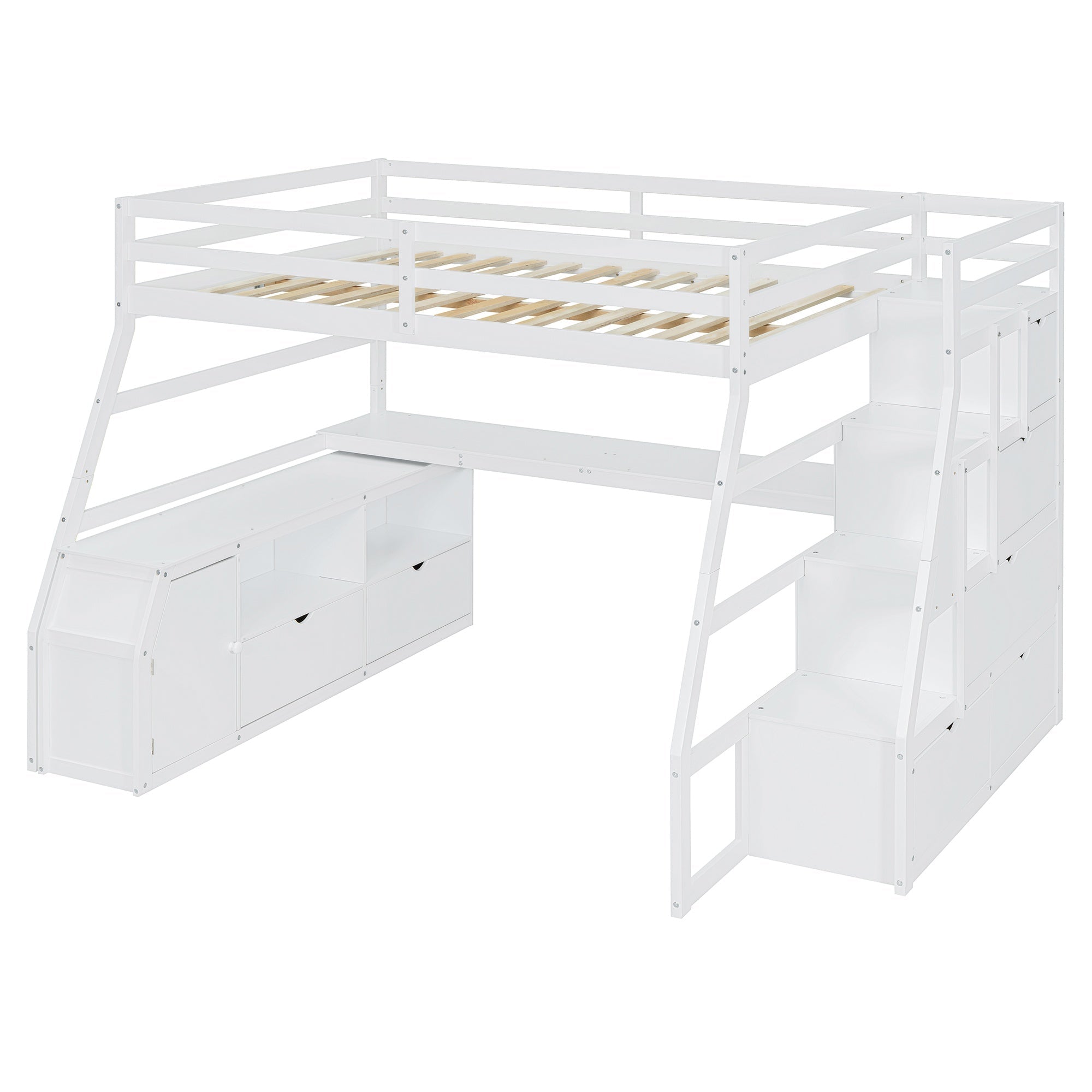 Bellemave® Full Loft Bed with Stairs and Desk, Solid Wood Loft Bed Frame with Storage 7 Drawers 2 Shelves - Bellemave