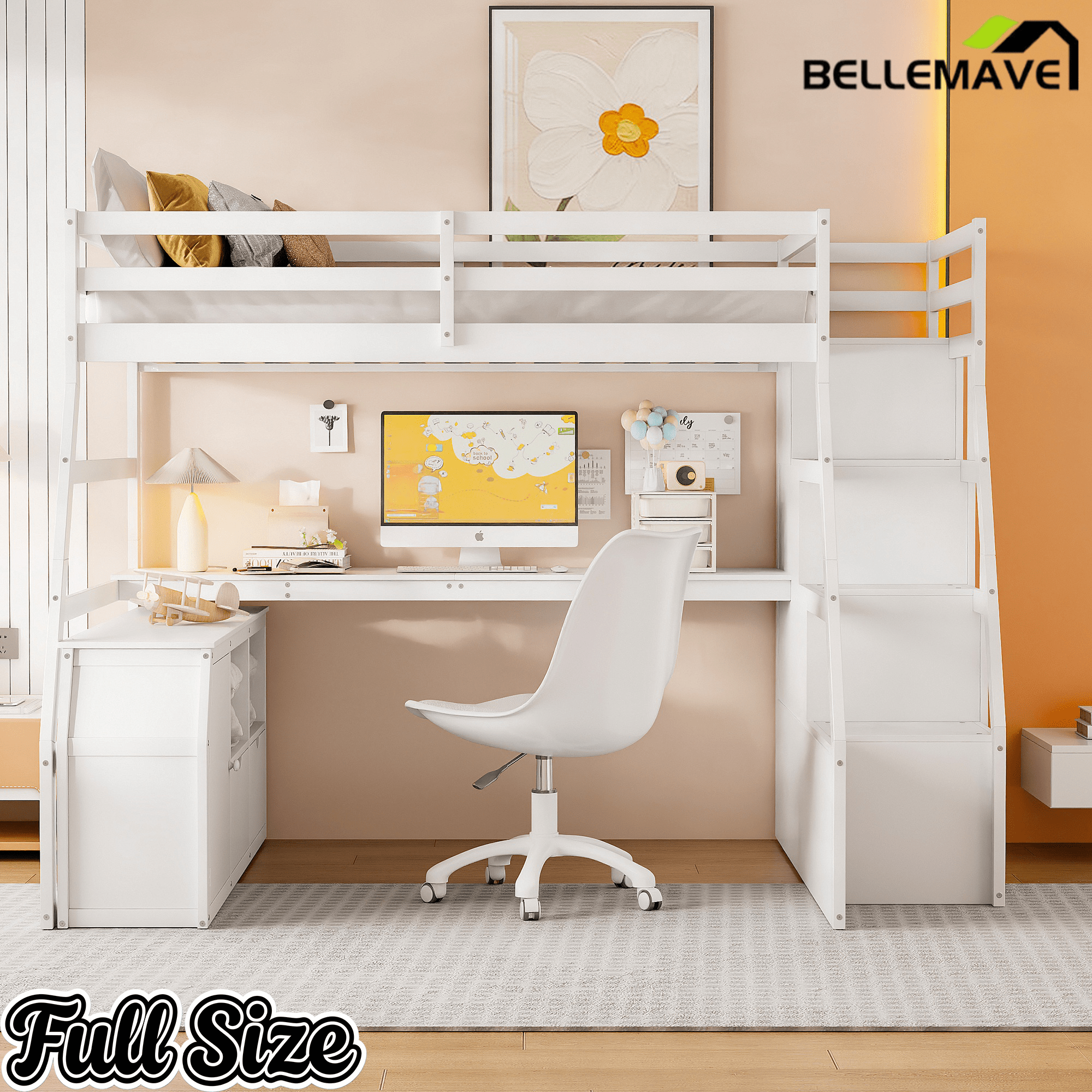 Bellemave® Full Loft Bed with Stairs and Desk, Solid Wood Loft Bed Frame with Storage 7 Drawers 2 Shelves - Bellemave