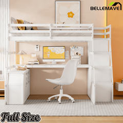 Bellemave® Full Loft Bed with Stairs and Desk, Solid Wood Loft Bed Frame with Storage 7 Drawers 2 Shelves - Bellemave