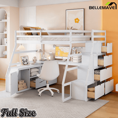 Bellemave® Full Loft Bed with Stairs and Desk, Solid Wood Loft Bed Frame with Storage 7 Drawers 2 Shelves - Bellemave