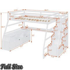 Bellemave® Full Loft Bed with Stairs and Desk, Solid Wood Loft Bed Frame with Storage 7 Drawers 2 Shelves - Bellemave