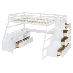 Bellemave® Full Loft Bed with Stairs and Desk, Solid Wood Loft Bed Frame with Storage 7 Drawers 2 Shelves - Bellemave